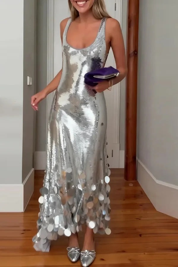 Party Tips Sequin Irregular Round Tassels Hem Back Cutout Tank Maxi Dress