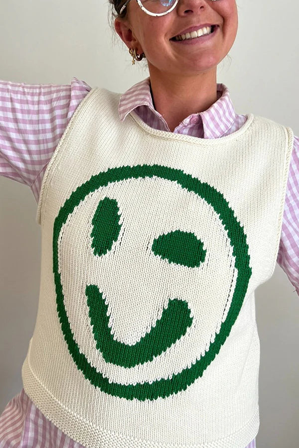 Always Happy Face Strick-Tanktop mit einzigartigem Muster, vielseitig und locker