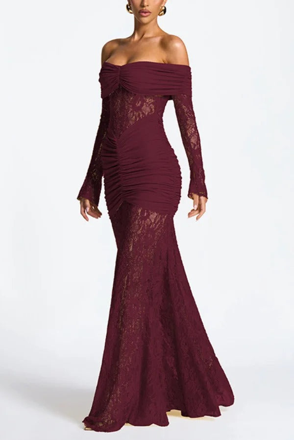 Solid Color Patchwork Lace Off-shoulder Long-sleeved Pleated Slim-fit Maxi Dress