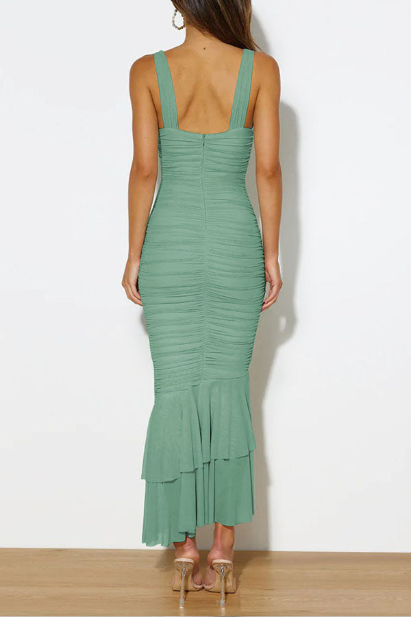 Einfarbiges, plissiertes Meerjungfrauenkleid mit hoher Taille