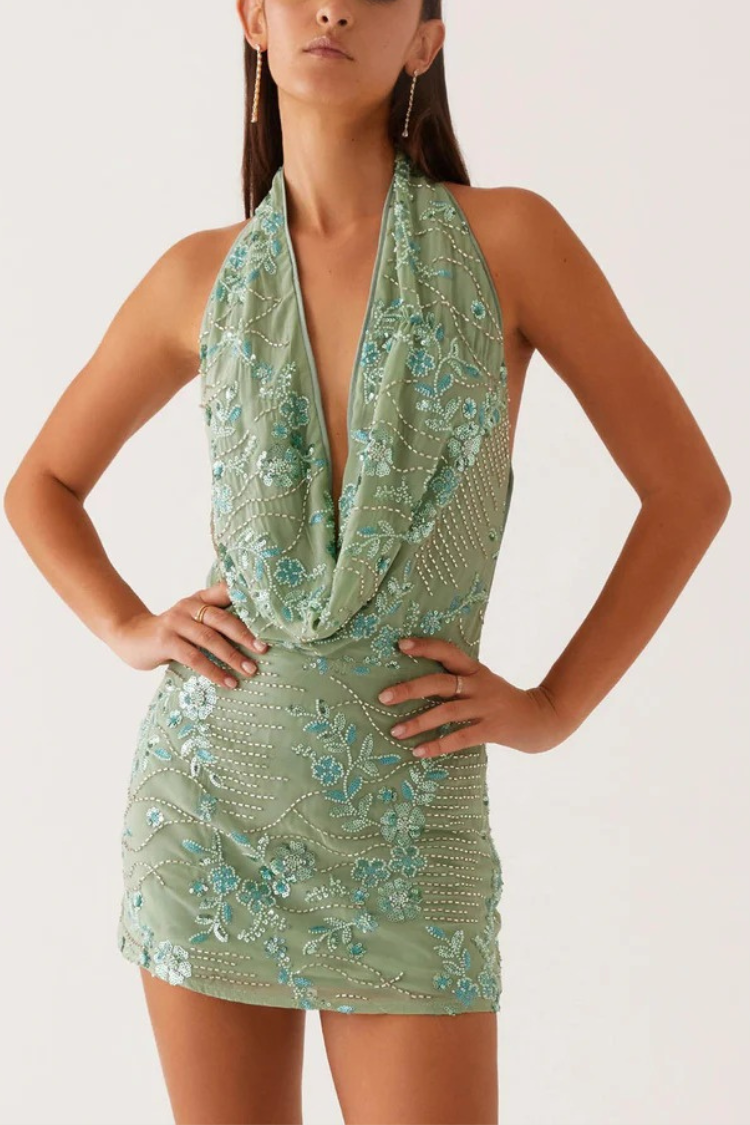 Sieht fantastisch aus Pailletten Perlen Material Wasserfallausschnitt rückenfreies Minikleid