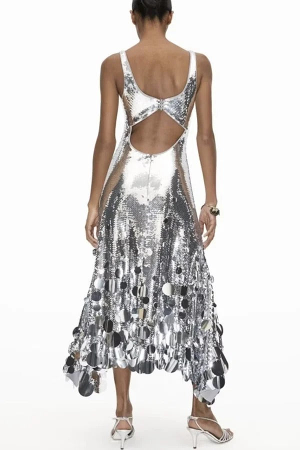 Party Tips Sequin Irregular Round Tassels Hem Back Cutout Tank Maxi Dress