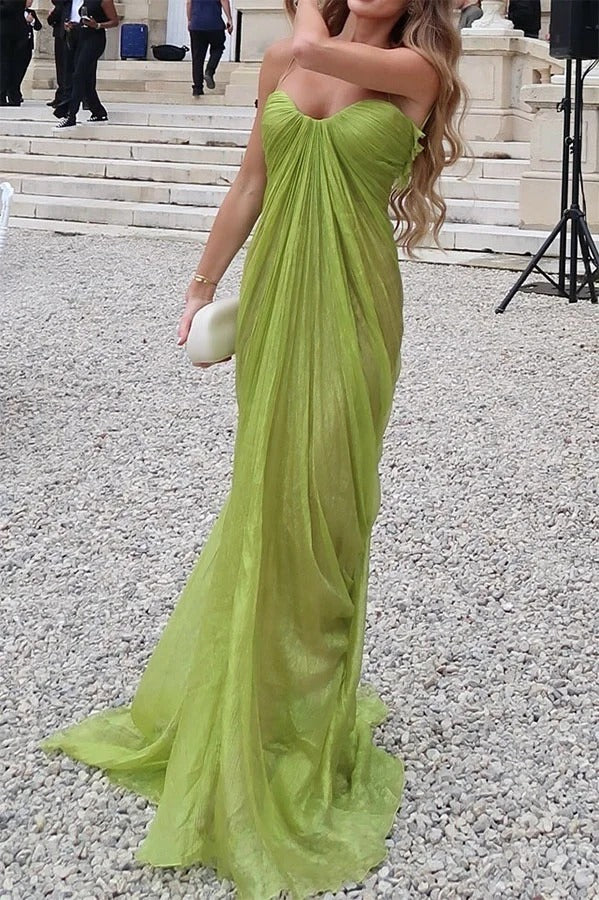 Victoria Shimmering and Flowing Pleated Fabric Back Lace-up Drape Maxi Dress