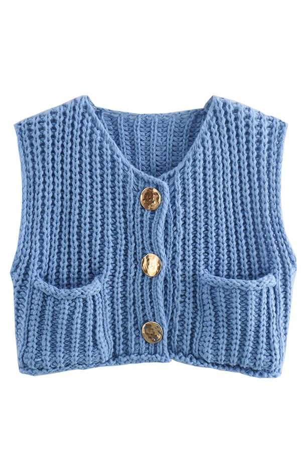 Einfarbige ärmellose Strickweste mit Tasche