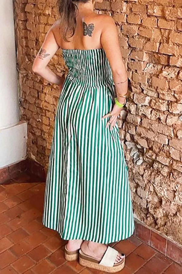 Robe longue plissée élastique sans manches à épaules dénudées de style rétro