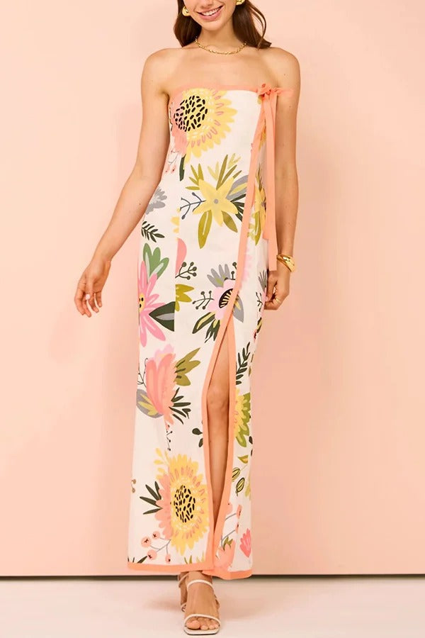 Inessa – Trägerloses Maxikleid aus Leinenmischung mit Blumenmuster und Schleife