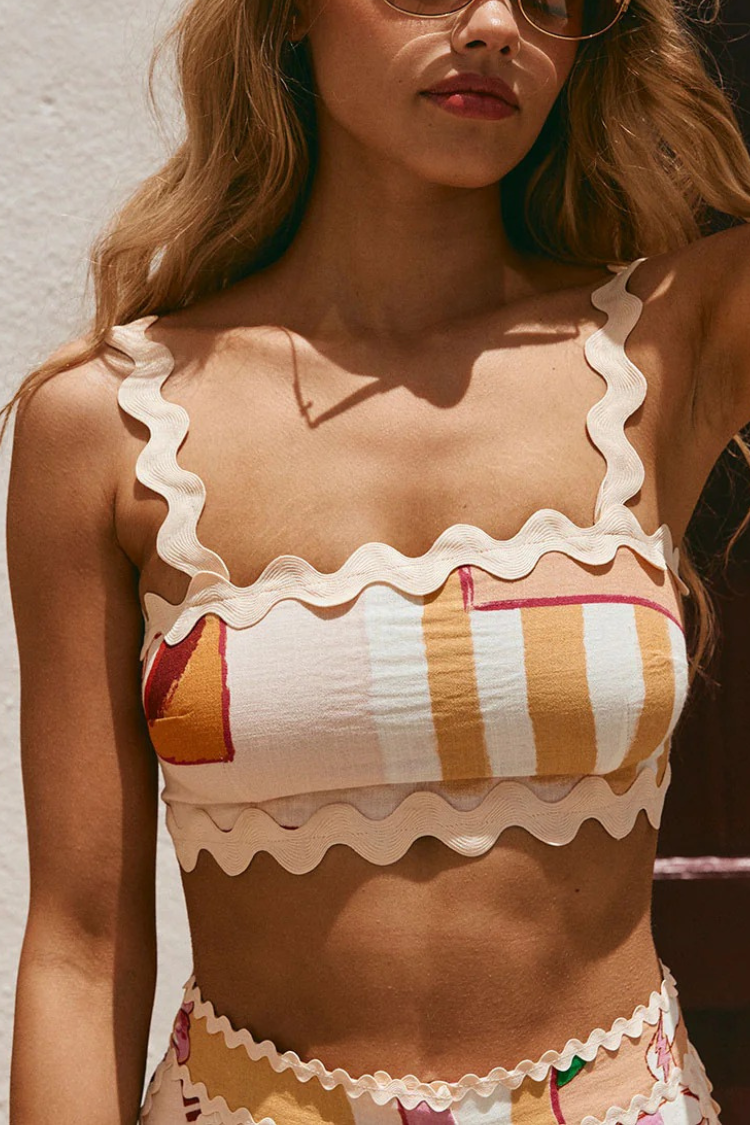 Tia Leinenmischung mit Zickzack-Besatz, einzigartigem Aufdruck, Tanktop + Hemd + Hosenset mit Taschen (3-teilig)