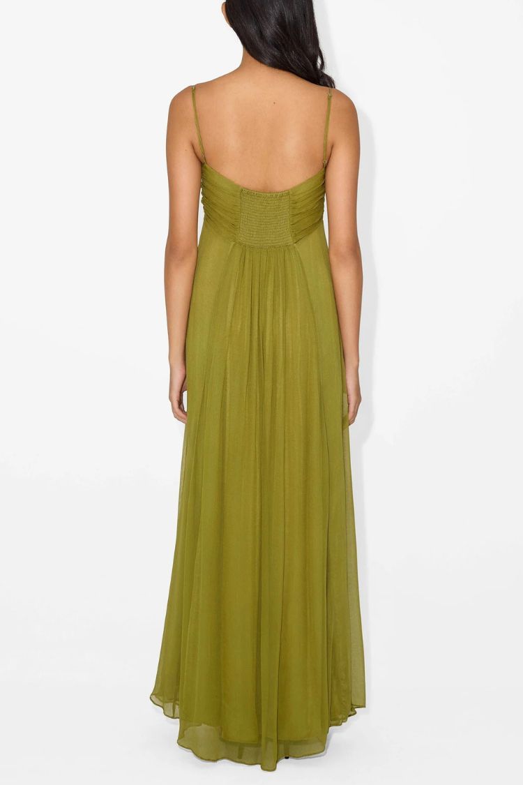 Robe longue trapèze à smocks, douce et élégante, avec dos creux en métal