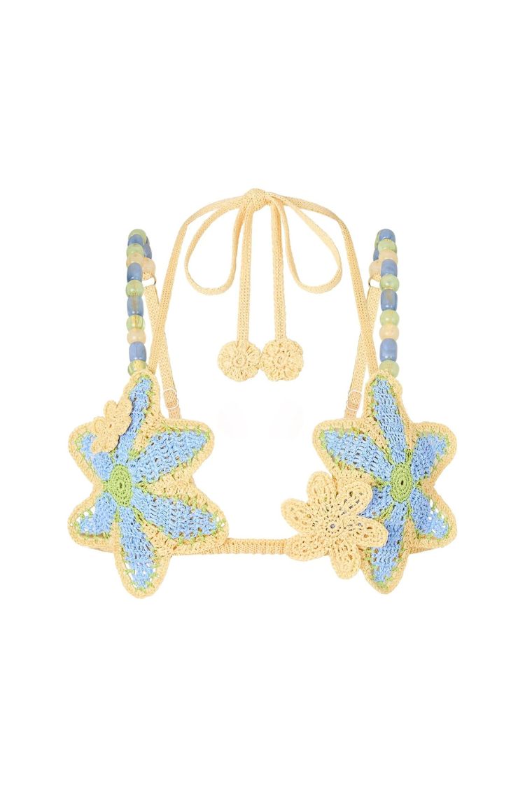 Bralette extensible en tricot crocheté Reina faite à la main avec bretelles perlées et fleurs