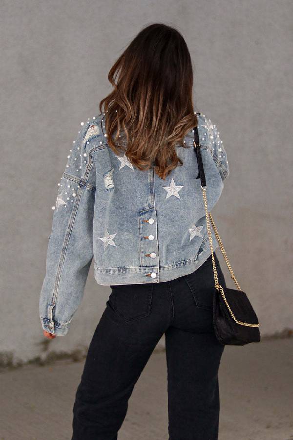 Jeansjacke mit Perlendetail