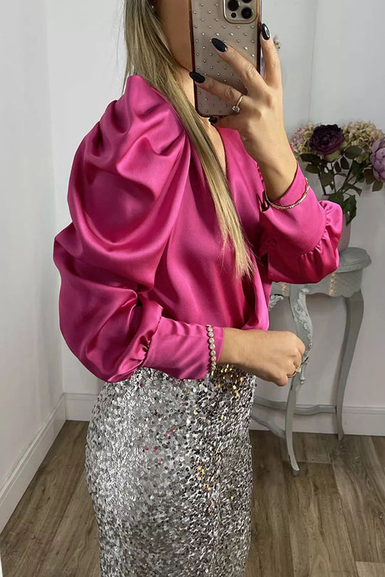 Perfectly Adored – Satinbluse mit überkreuztem Ausschnitt und Puffärmeln