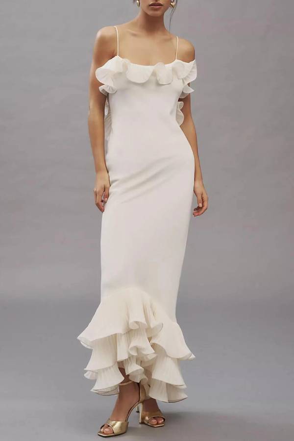 Alisin Pleated Chiffon Wavy Ruffles Trim Slip Maxi Dress