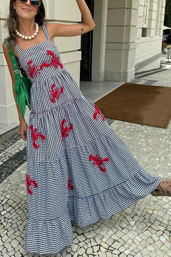Robe longue d'été amusante à carreaux et imprimé homard, col carré et superpositions