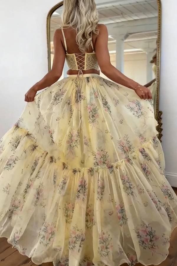 Vita Floral Satin Bow Lace Back Lace-up Crop Tank and Tulle High Rise A-line Maxi Skirt Set