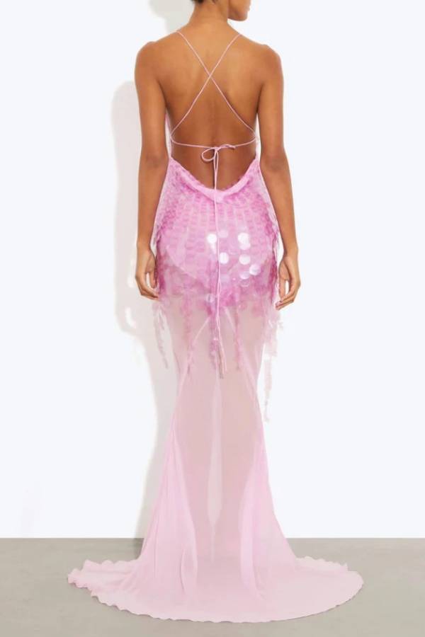 Deep V Neck Sequins Fishtail Hem Backless Gowns Slip Maxi Dresses-Yellow