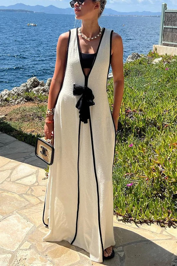 Boat Date Strick-Maxikleid mit Kontrast-Print und Selbstbindung in Übergröße