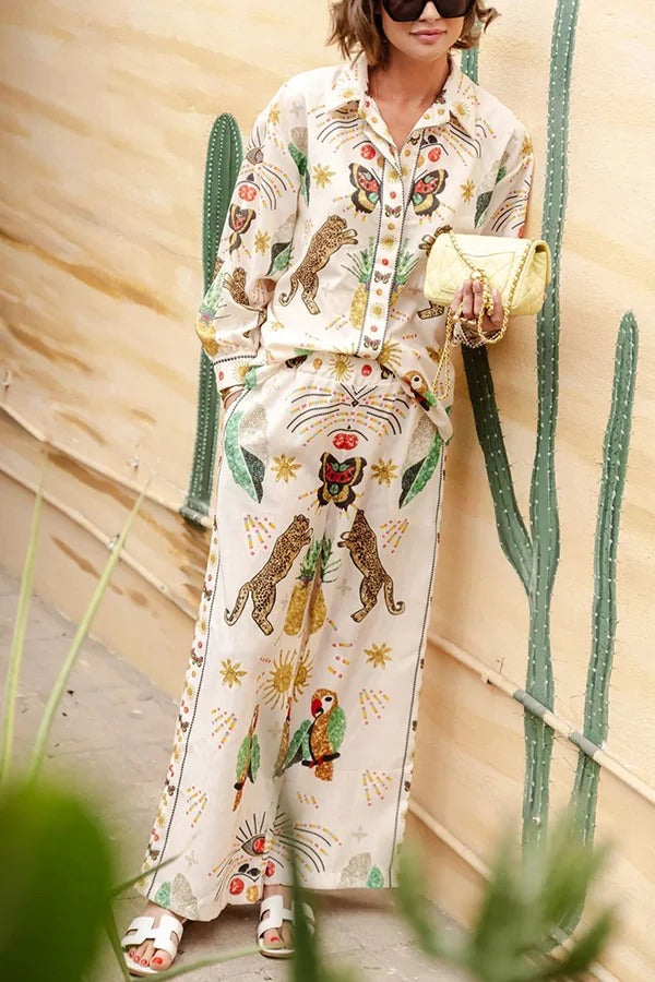 Wild Side – Oversize-Bluse aus Leinenmischung mit einzigartigem Geparden-Print und Knopfleiste