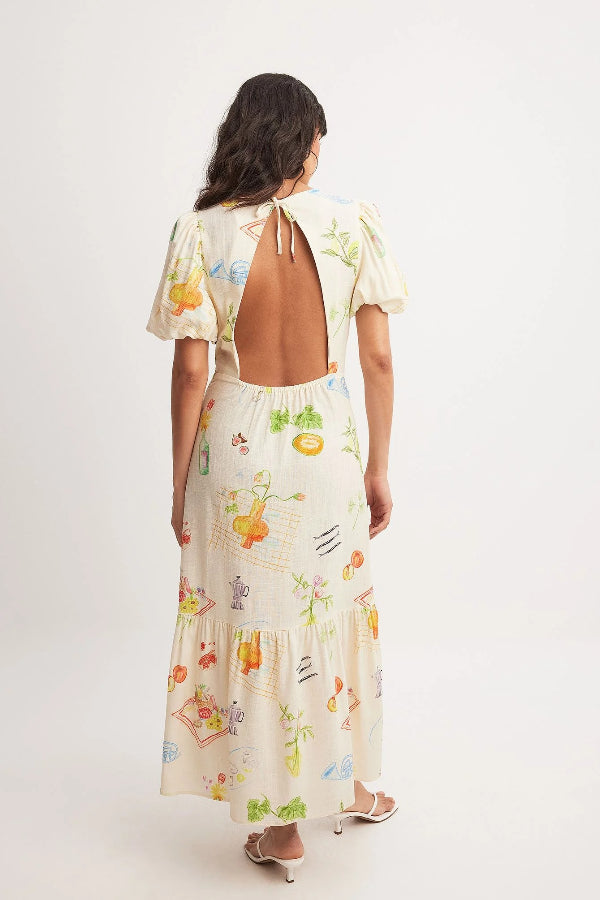 Rückenfreies Midikleid aus Napa-Leinenmischung mit einzigartigem Druck, Puffärmeln, elastischer Taille