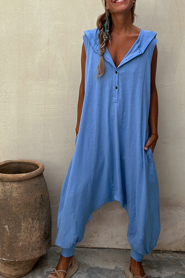 Let's Chill – Lockerer Jumpsuit mit Taschen und halbhoher Knopfleiste und Kapuze