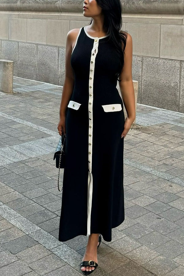 Elegantes Slim Fit Rundhalsausschnitt Ärmelloses Midi-Strickkleid mit Knöpfen