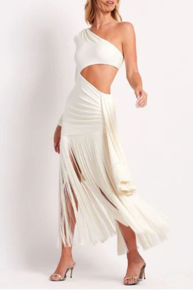 Amazing Type – Stretch-Maxikleid mit One-Shoulder-Träger, Cut-out, drapiertem Saum und Quasten