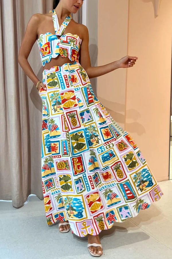 Ensemble haut licou à imprimé floral et jupe longue à poches pour célébrer le soleil