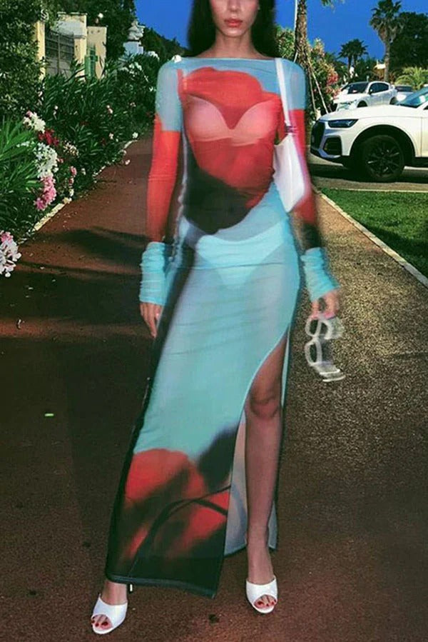 Mesh-Maxikleid mit Blumendruck, Rundhalsausschnitt, langen Ärmeln und Stretch