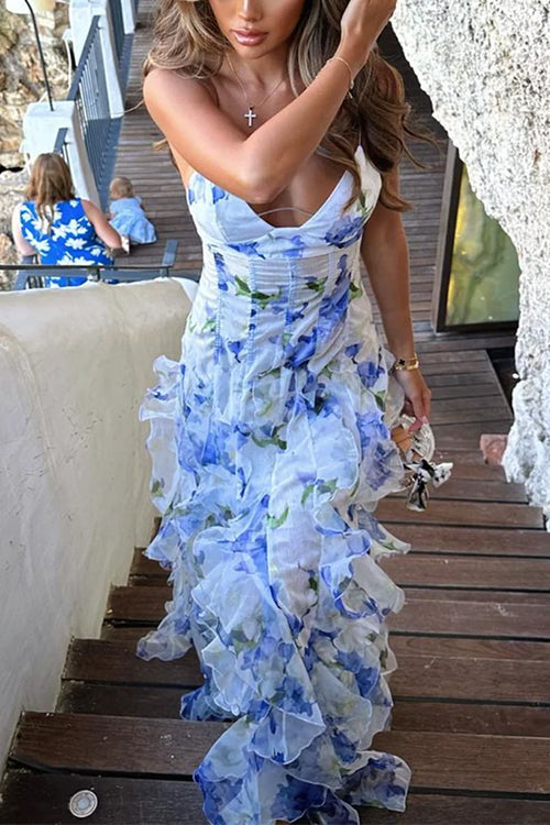 Rückenfreies Maxi-Camisole-Kleid mit V-Ausschnitt, Rüschenbesatz, Schlitz und Blumenmuster