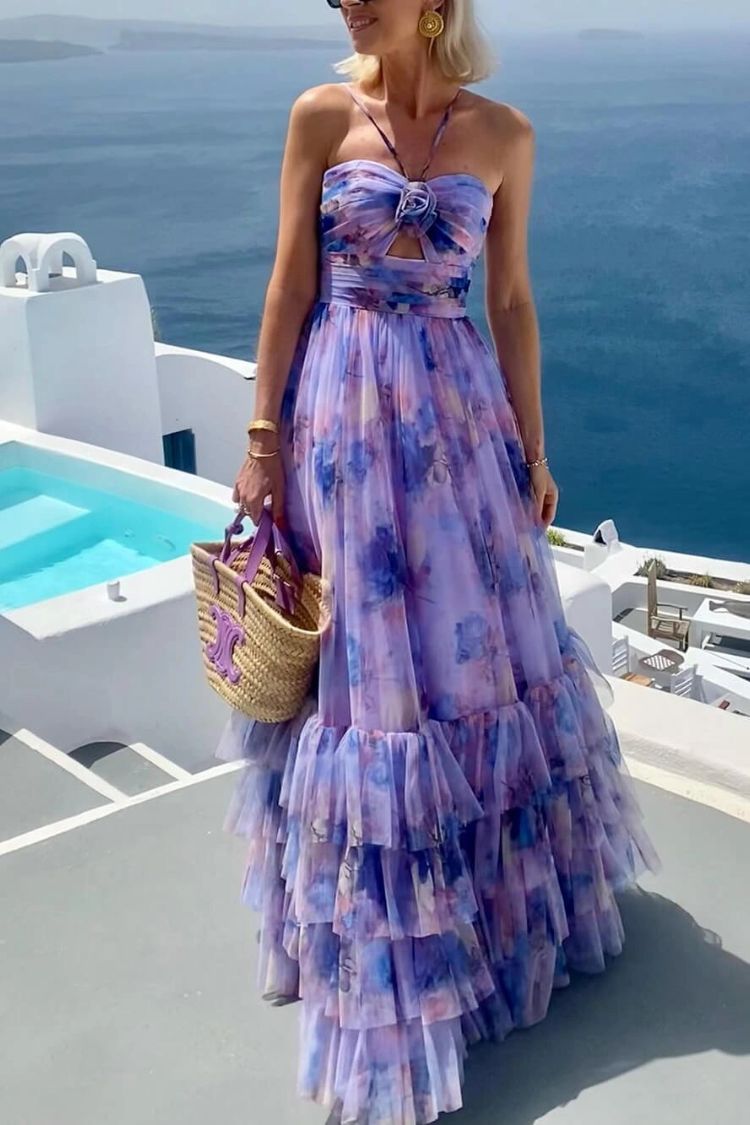 Dreamy Clouds Tulle Printed Rose Detail Cutout Ruffles Tiered Halter Maxi Dress