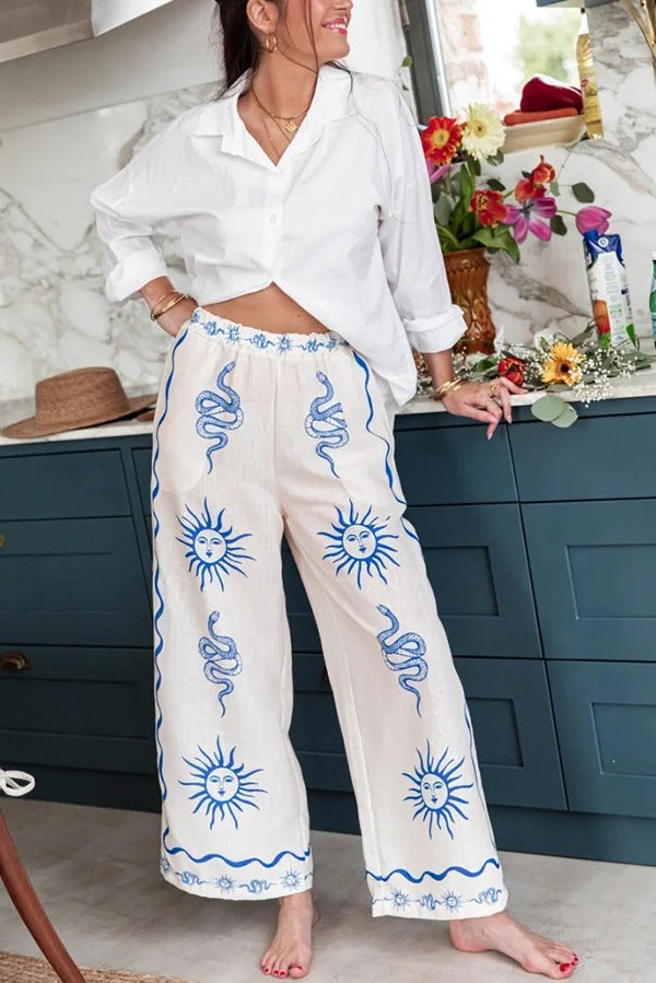 Symbol of Sicily – Hose aus Leinenmischung mit einzigartigem Druck, elastischer Taille und Taschen mit weitem Bein