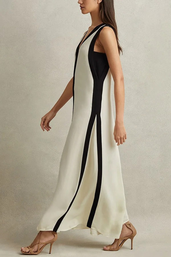 Robe longue trapèze élégante à imprimé touches de piano, style réversible, colorblock