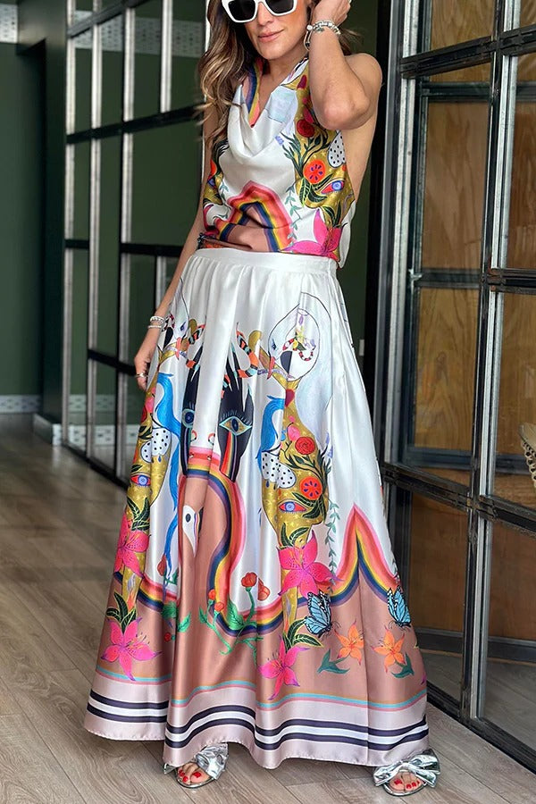 Robe longue dos nu en satin Evangeline à imprimé unique et poches nouées au dos