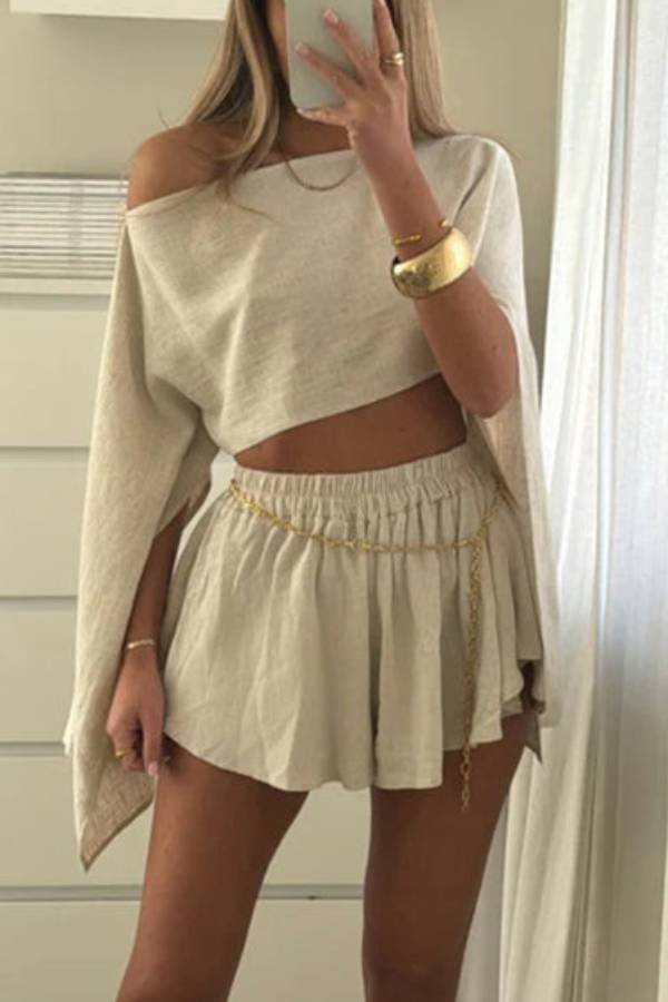 Ensemble haut court à manches larges et short à taille élastique en lin mélangé Mae