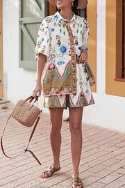 Sun Kiss Set aus Leinenmischung mit einzigartigem Druck, lockerem Hemd mit Knöpfen und Shorts mit elastischer Taille und Tasche