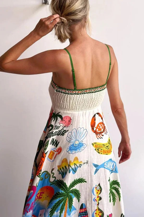 Holiday Paradise Maxikleid aus Leinenmischung mit einzigartigem Druck und gesmokten Gesäßtaschen