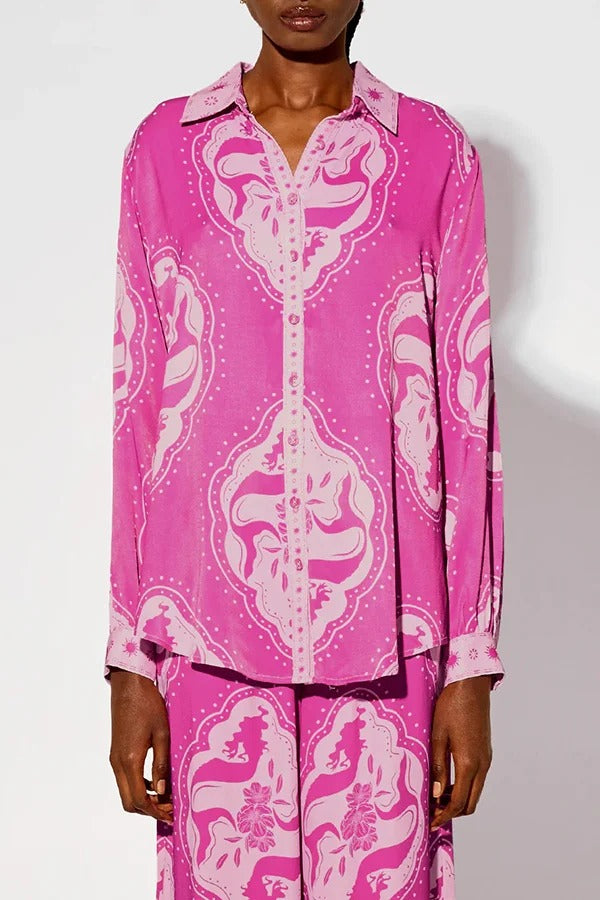 Ensemble chemise surdimensionnée à manches longues et pantalon à taille élastique à imprimé unique Elliot