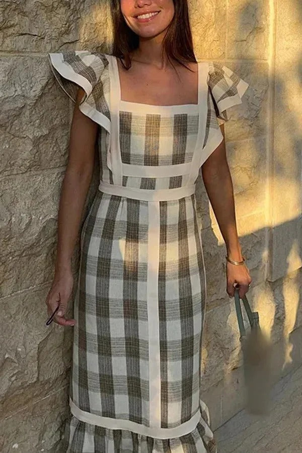 Ärmelloses Maxikleid mit eckigem Ausschnitt und Kontrasteinsätzen