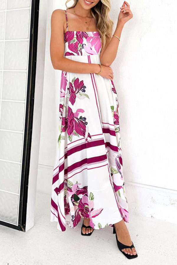 Robe longue trapèze à bretelles spaghetti et taille haute à imprimé floral