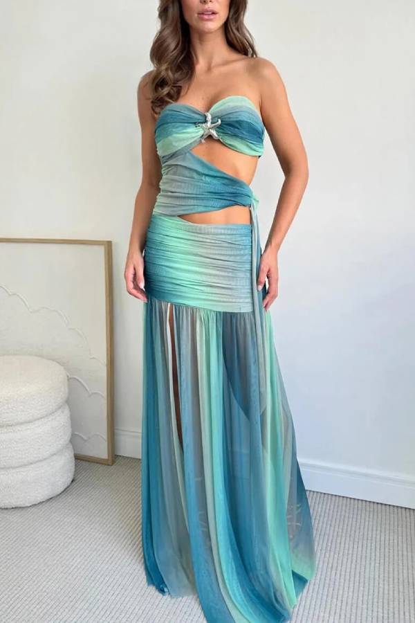 Sexy Printed Side-Slit Draped Maxi Dress