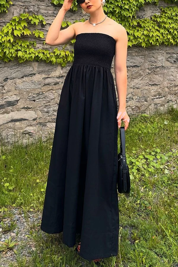 Robe longue plissée élastique sans manches à épaules dénudées de style rétro