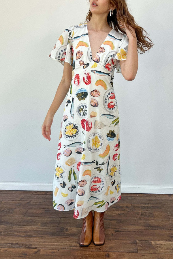 Leinen V-Ausschnitt sexy locker Fee alle-match Freizeit Midikleid