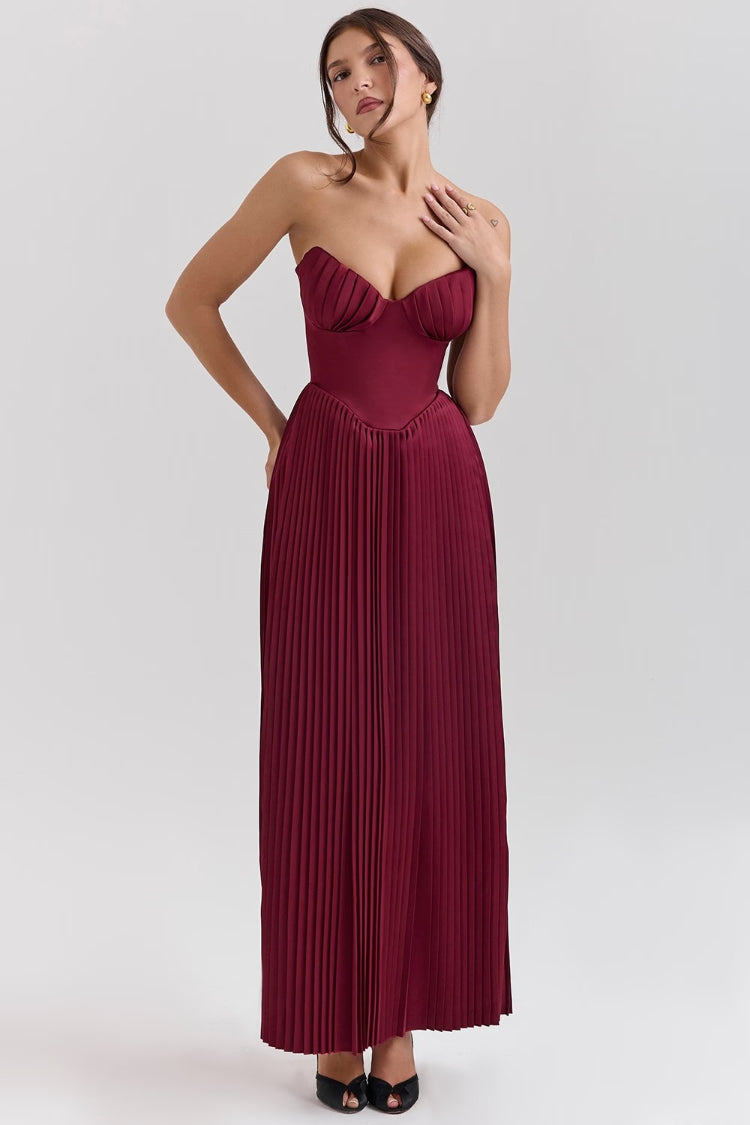 Strapless Cinch Waist Pleated Maxi Dresses