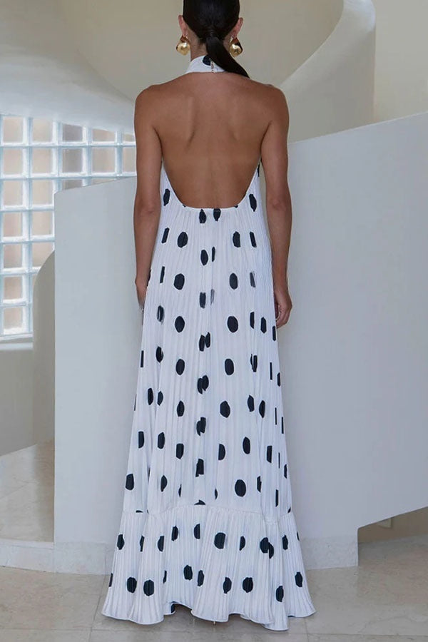 Robe longue plissée à pois, col licou haut, coupe trapèze, vraiment spéciale