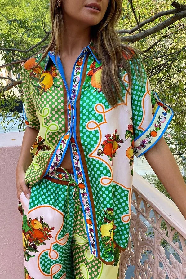 Chemisier surdimensionné boutonné à imprimé unique en satin citron Enjoy Summer