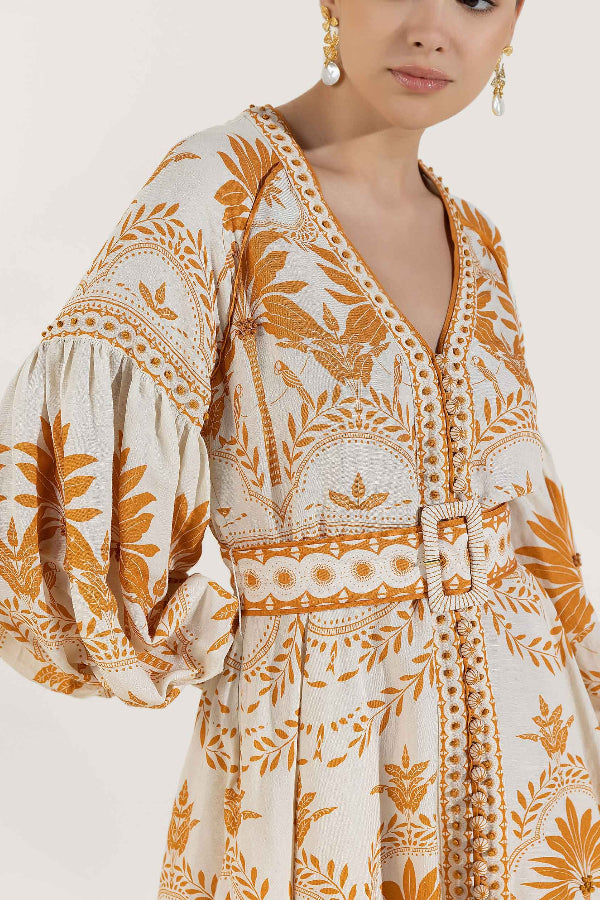 Naiara Minikleid mit Palmendruck, Ballonärmeln, gewelltem Besatz, Gürteltasche