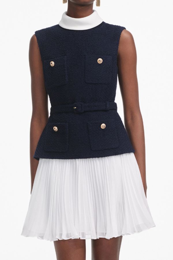 Sporty Elegance Tweed Metal Button Belted Pleated Hem Mini Dress