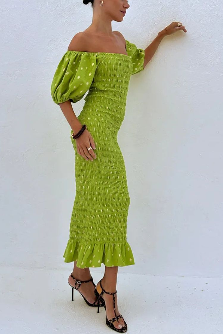 Jojo – Gerüschtes, goldenes Polka Dots-freies, schulterfreies Stretch-Midikleid mit Puffärmeln