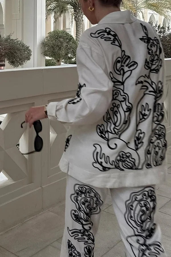 Bella Set aus langärmligem, lockerem Hemd aus Leinenmischung mit besticktem Blumendruck und Hosen mit elastischer Taille und Taschen