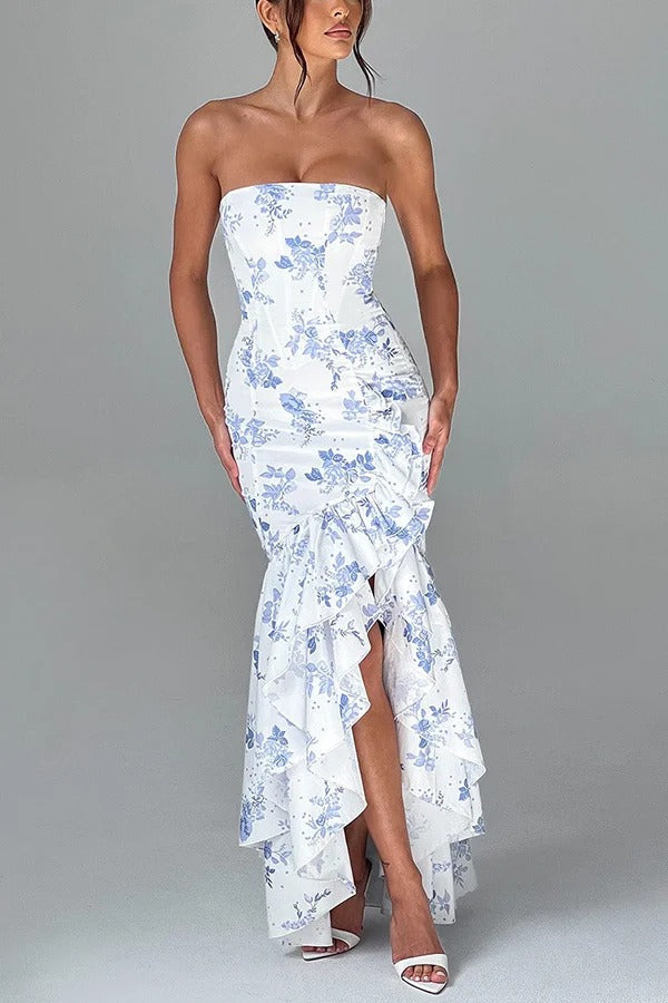 Robe longue sexy à épaules dénudées et ourlet irrégulier