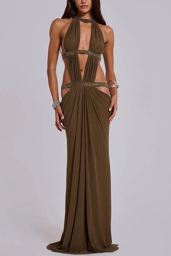 Khaki Hot-fix Rhinestone Shoulder Strap Cutout Design Backless Drape Maxi Dress